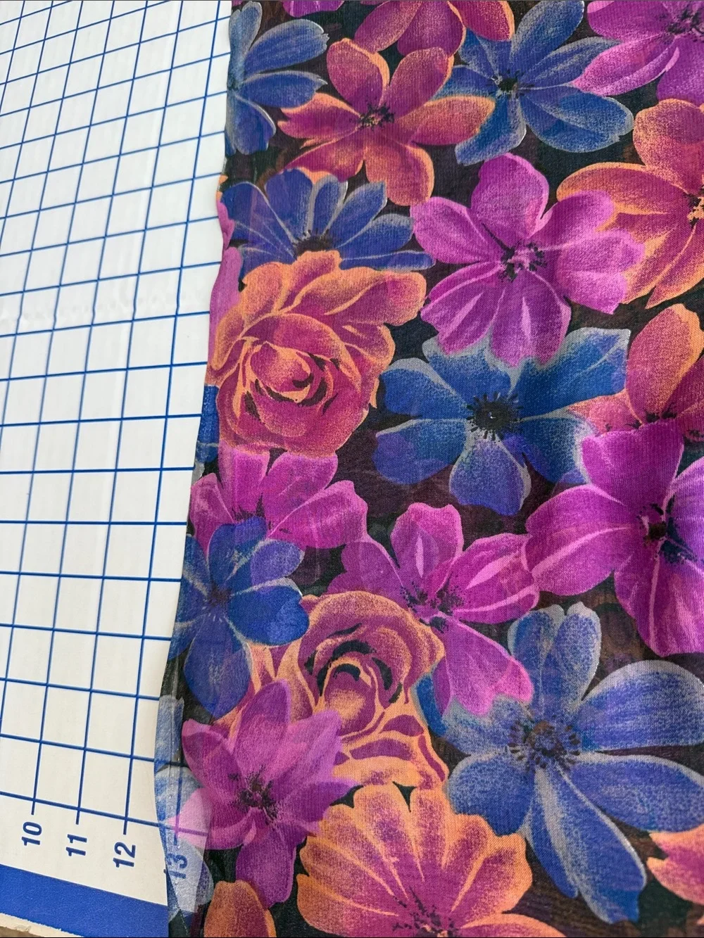 Vintage 90s Floral Chiffon Fabric 5.5 Yards Sheer Drapey Jewel Tone Floral